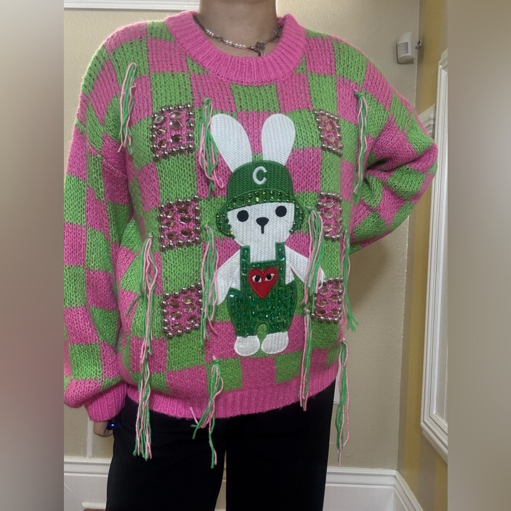 NWOT Pink and Green Checkered Sweater with Bunny Design - Picture 3 of 12